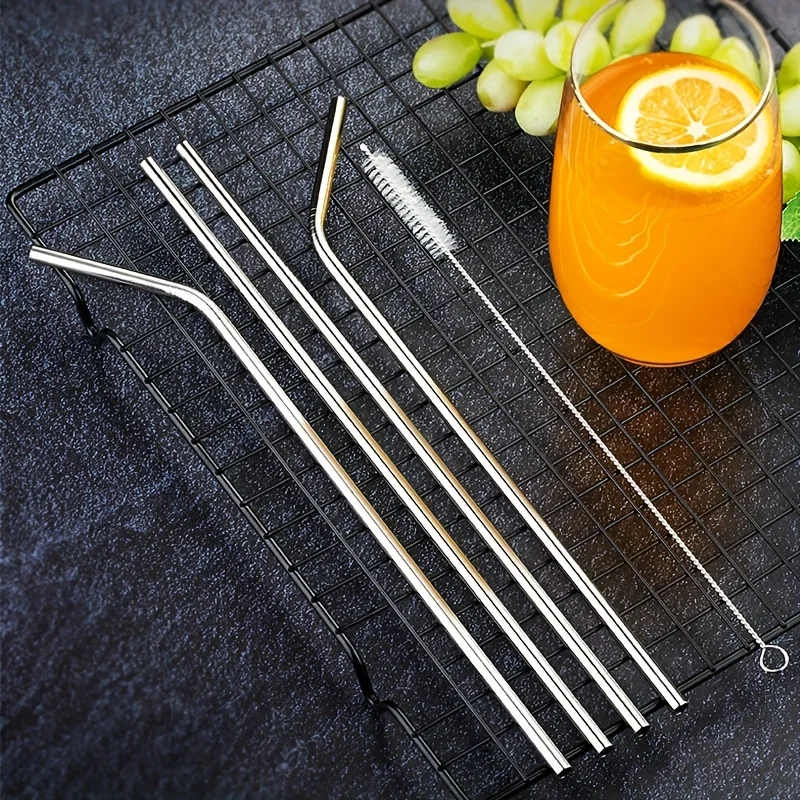 Drinking Straws Metal Straw Set Straw Cleaner Brush Reusable Metal Drinking Straight Bent Straws Portable Stainless Steel Travel Straw Cleaning Brush 40oz Watercup Accessories
