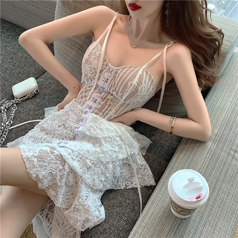 

2024 Summer New White Front Chest Row Button Irregular Lace Perspective Two Piece Set with Hanging Strap Dress Summer