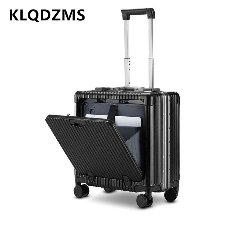 KLQDZMS 18Inch Suitcase High Quality Small Boarding Box Front Opening Aluminum Frame Trolley Case with Wheels Rolling Luggage