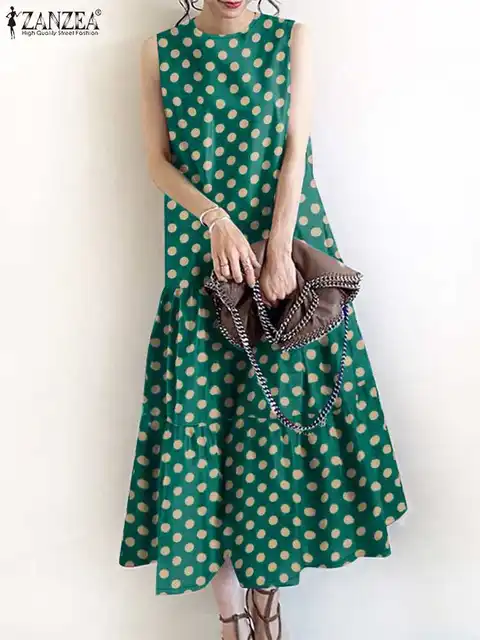 ZANZEA Women Sleeveless Polka Dot Printed Holiday Sundress 2024 Summer Bohemian Vintage Party Midi Dress Fashion Ruffled Vestido