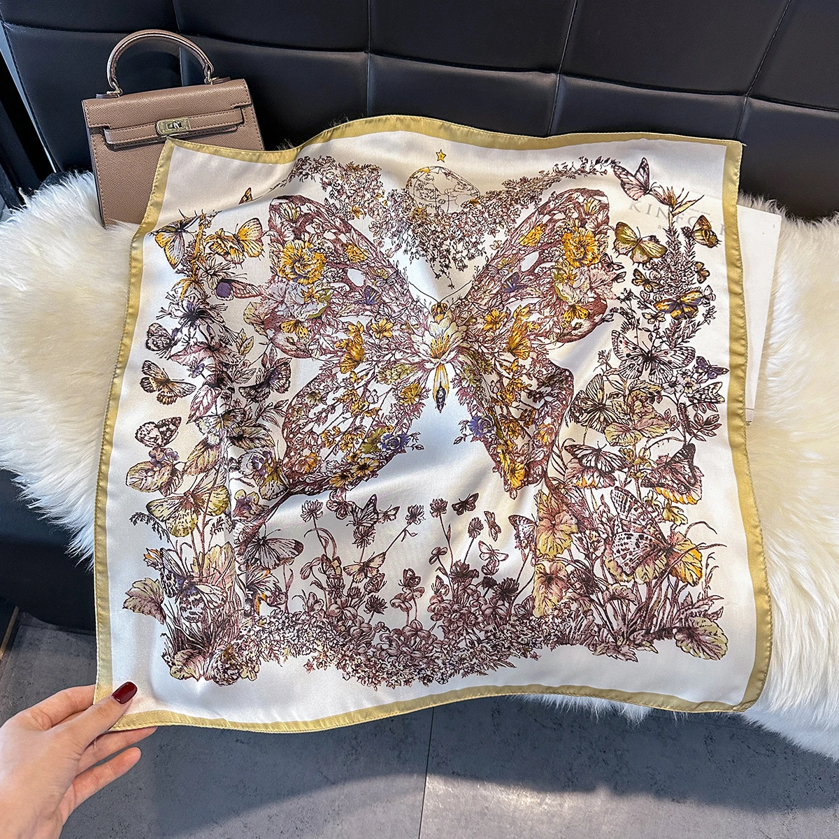 2025 New Fashion 70X70cm Women's Scarf Silk Butterfly Print Scarf Square Shawl Decorative Headband Neck Luxury Design Bandana