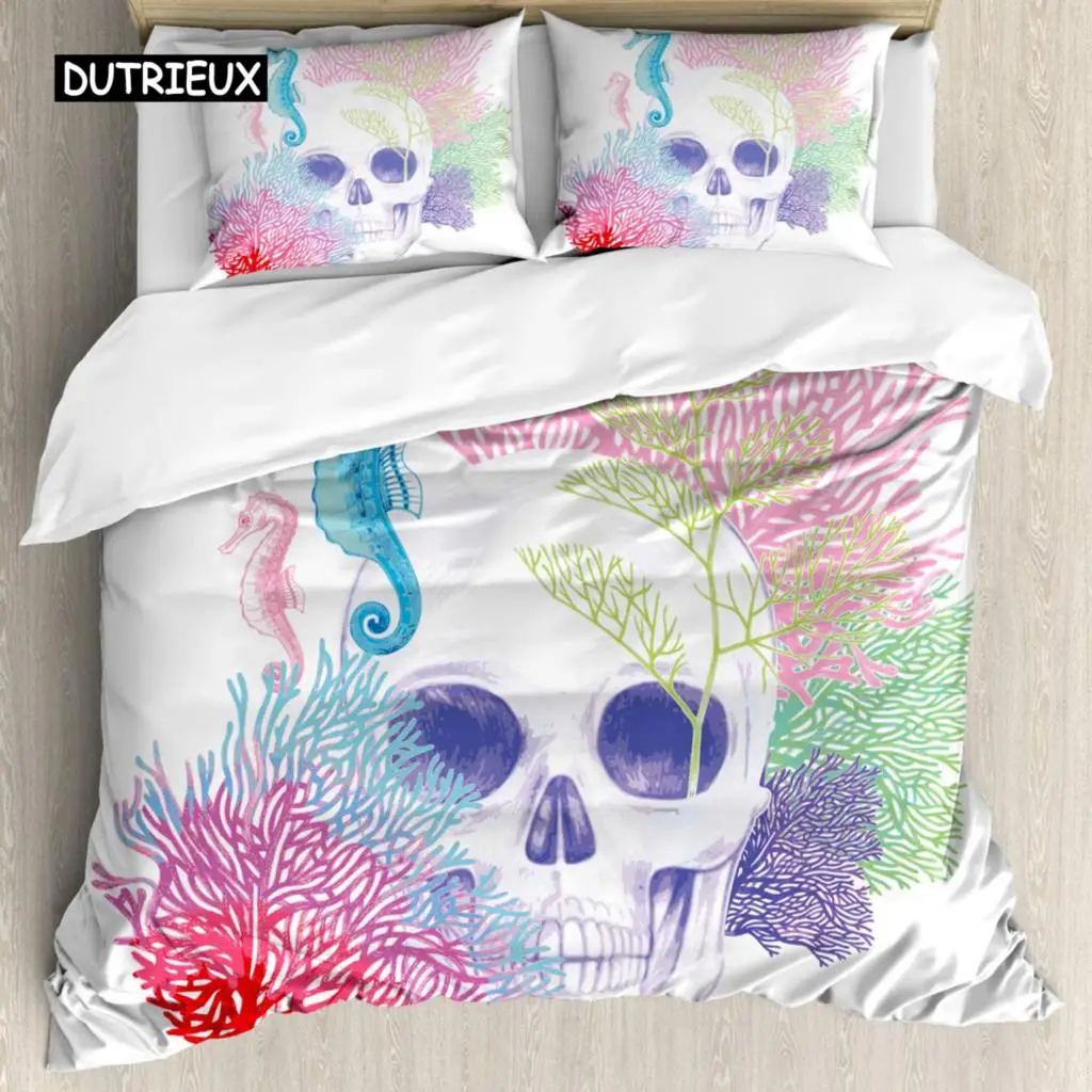 

Animal Duvet Cover Set, Halloween Skull Skeleton Head With Coral Reef Dead Aquarium Pirate Wildlife Image,3 Piece Bedding Set