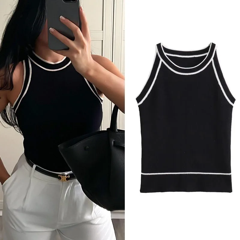 MUJER, camisetas sin mangas de punto negro para mujer, Top corto sin mangas para mujer, chaleco tejido con hombros descubiertos para mujer, top juvenil para mujer