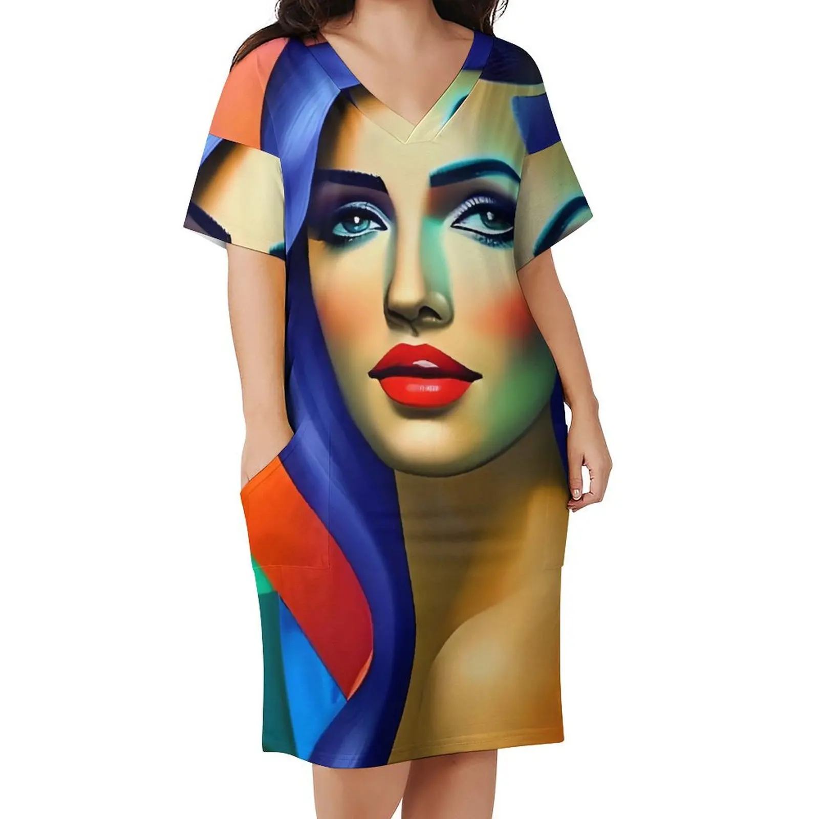 

Lady Face Board Print Casual Dress Woman Cubist Style Modern Dresses Holiday Short Sleeve Aesthetic Graphic Dress Big Size