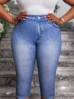 Plus Size Women's Denim Print Capri Leggings Stylish Casual Knit Stretchy Skinny Shorts with Side Button Detail Pattern Pants - Image 2