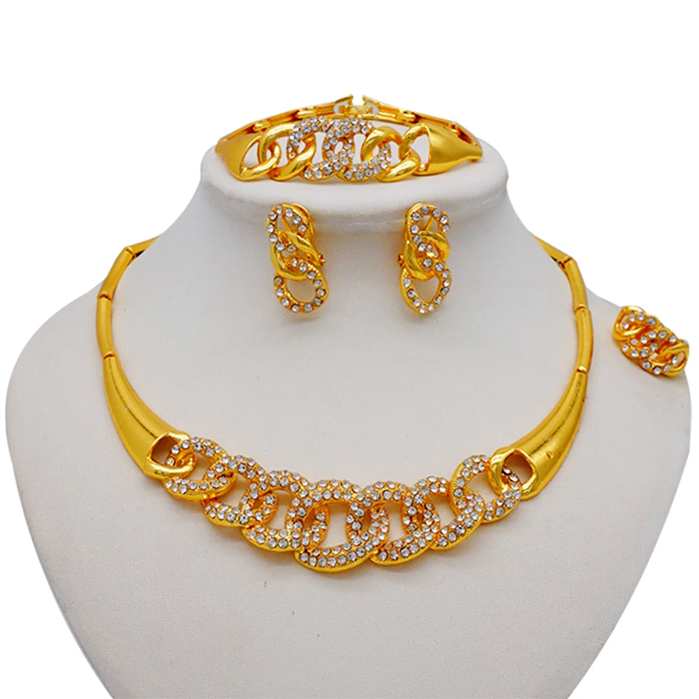 

Dubai Gold Necklace Set African Nigerian Jewelry Set Earrings 2021 Trend New Bracelets Bridal Indian Fashion Wedding Party Gift