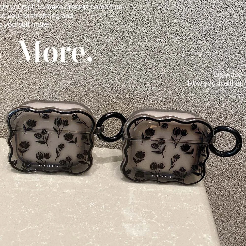 INS Clear Black Tulip Flower Case For AirPods 3 1 Cute Transparent Cover Retro Rose Flowers Wave Earphone Funda For Airpod Pro 2