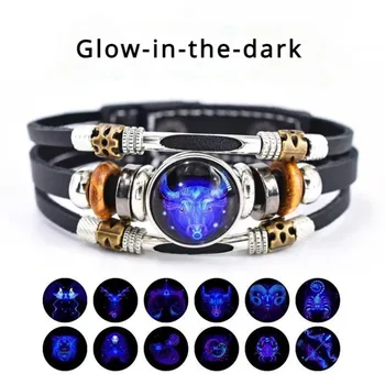 Constellations Luminous Leather Bracelet Retro Multi-layer Beaded Leather Bracelet Jewelry Gifts for Men Women Couples