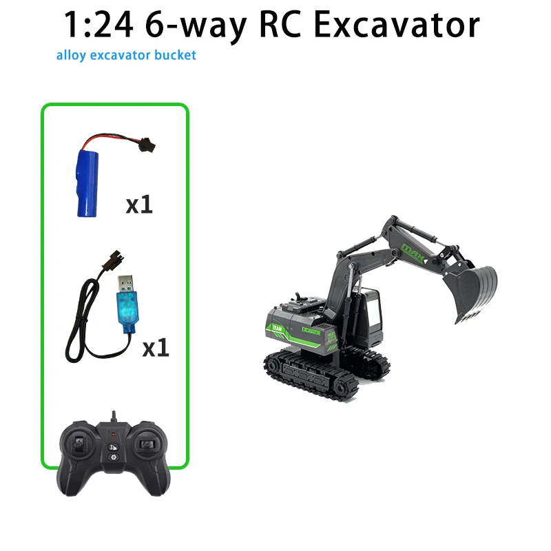 2.4G radio control 1: 24 6-way remote control excavator alloy excavator bucket 3-4-5-6-7-8-9 years old boys birthday new year Ch 2