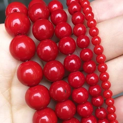 Natural Black Volcanic Lava Stone Round Beads for DIY Jewelry and Bracelet Making - Bulk Wholesale, 15'' Strand, Multiple Sizes Available (Red Coral Crystal)