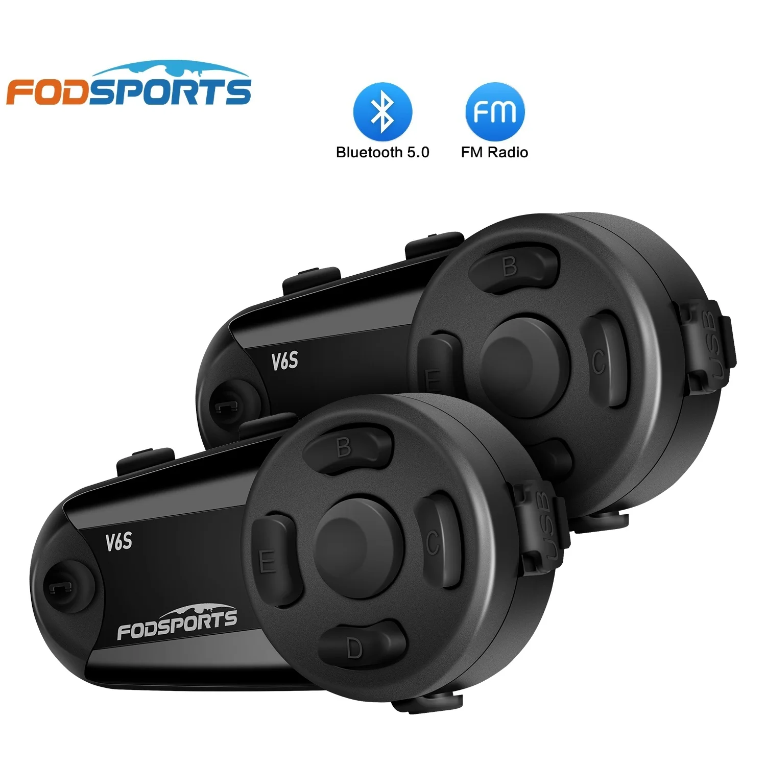 2pcs Fodsports V6S motorcycle intercom bluetooth helmet headset 6 riders 1000m waterproof interphone BT5.0, FM Radio