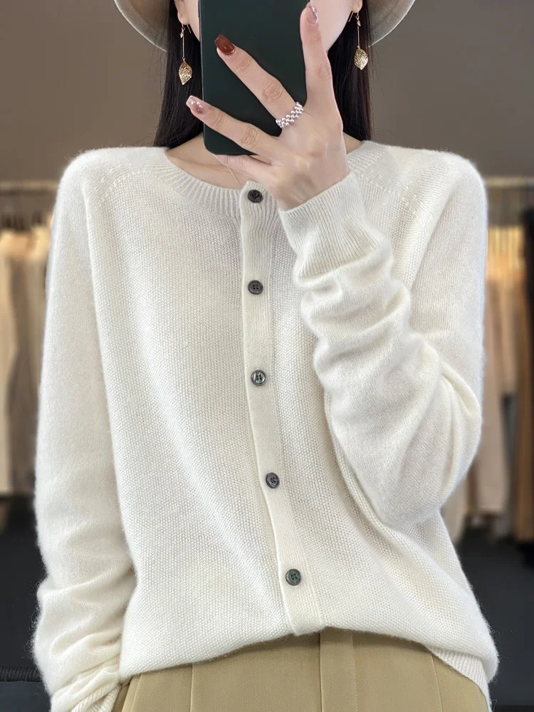 여성용 라운드넥 긴팔 캐시미어 100% 메리노 울 가디건, 스웨터 코트, 상의, 고품질