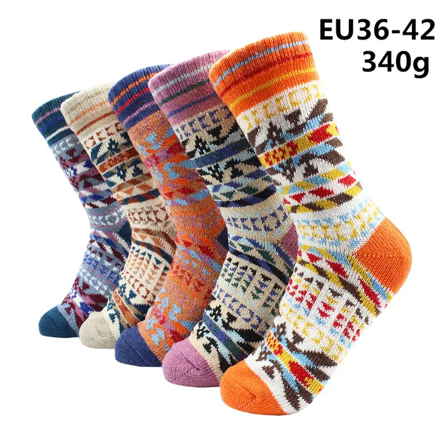 5 Pairs Winter Warmer Women Thicken Thermal Wool Cashmere Snow Socks Fashion Casual Euramerican National Wool Socks for Women 5 Pairs -YM019
