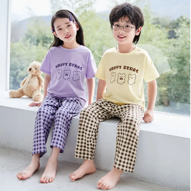 라이크라 격자 면 반팔 바지, 어린이 라운지웨어, 세트 홈 잠옷, 캐주얼 세트,..