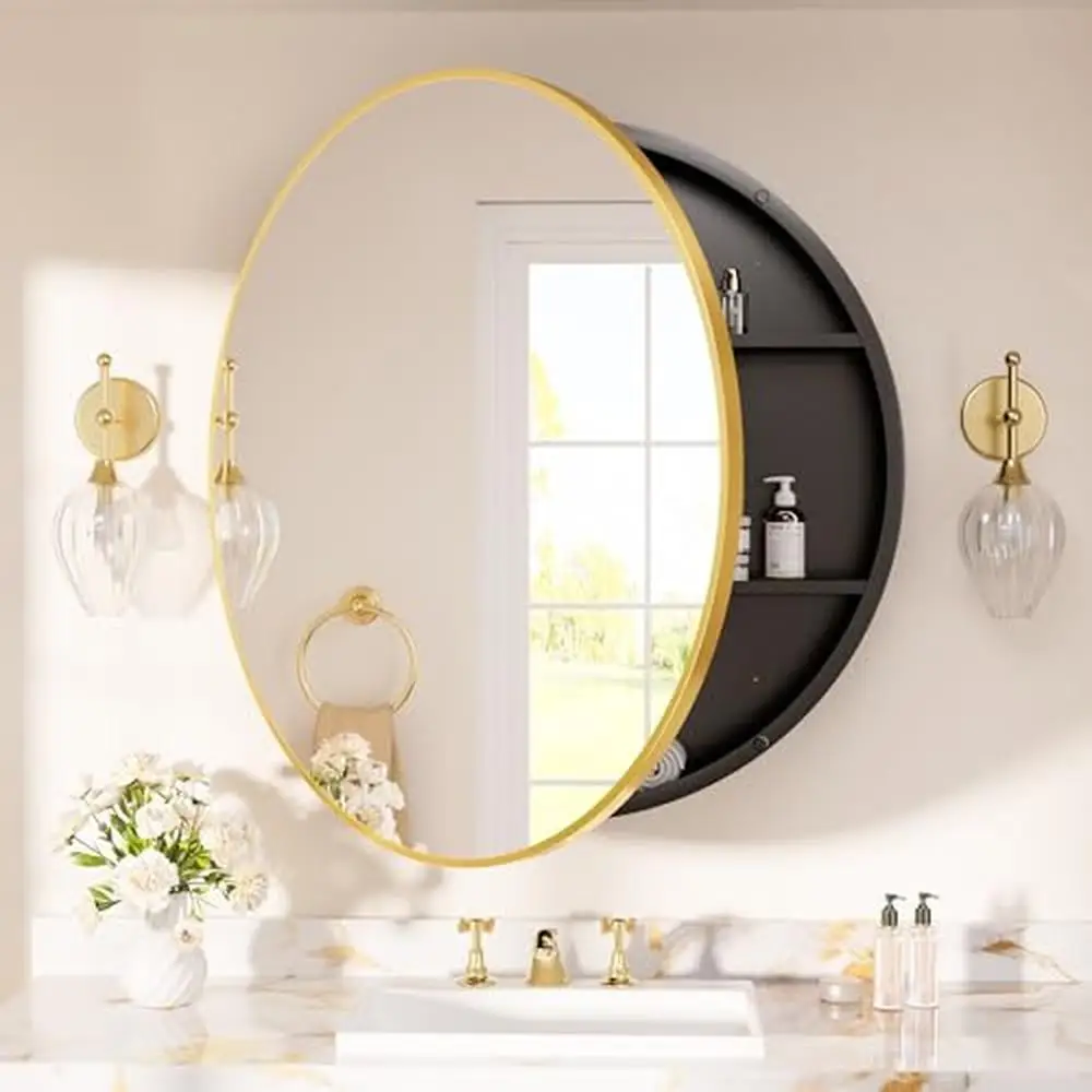 30x30" Gold Round Bathroom Medicine Cabinet with Adjustable Shelves