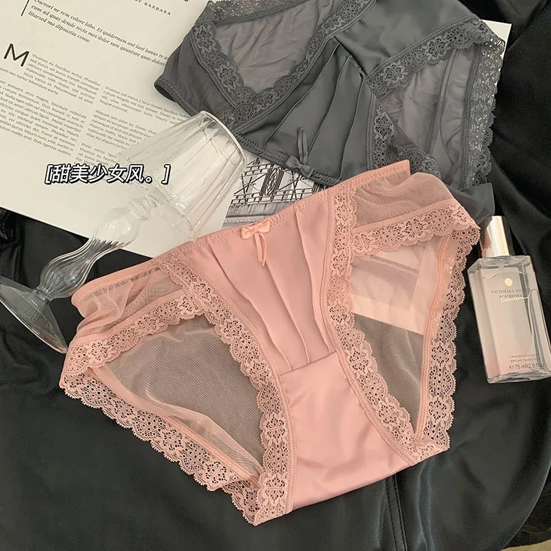 

French satin mesh lace underwear for women's pure cotton crotch, low waisted, breathable, quick drying, and sweet