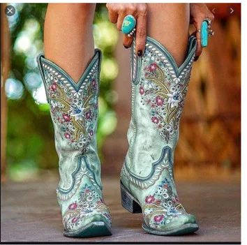 Ethnic Style Embroidery Size 35-48 Medium Length Women's Boots for Foreign Trade, New Autumn and Winter Women's Middle Heels