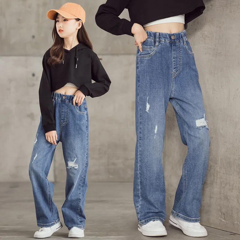 

Teen Girls Jeans New Arrivals Casual Fashion Loose High Quality Kids Leg Wide Pants School Children Trousers 6 8 9 10 12 14Years