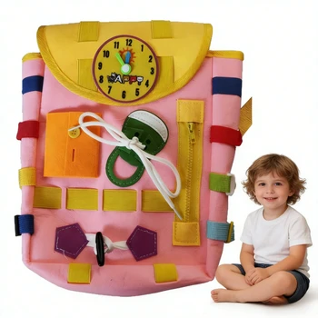 Toddler Backpack Busy Board Montessori Toy, Zip Button Lace Clock Activity Sensory Toy for Kids 1-4 Years Old, Educationa 1