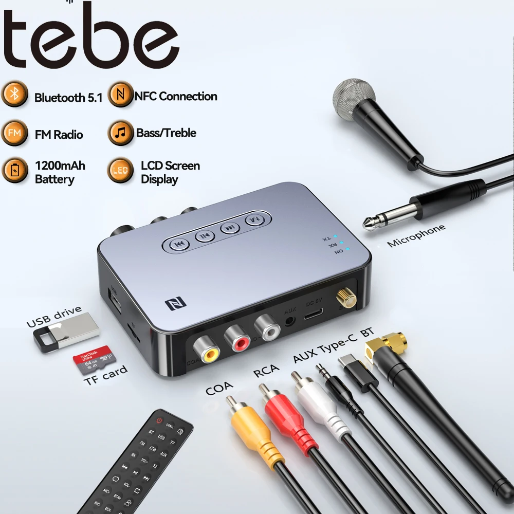 

Tebe NFC Bluetooth 5,1 аудио приемник передатчик коаксиальный RCA беспроводной бас тройной музыкальный адаптер FM радио U диск/TF карта плеер