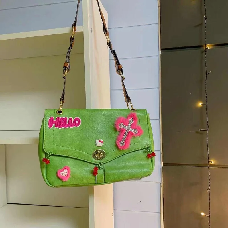 MBTI Vintage Hello Kitty Womens Shoulder Bag Y2k Green Original Cross Harajuku Style Crossbody Bag Fashion Luxury Female Handbag