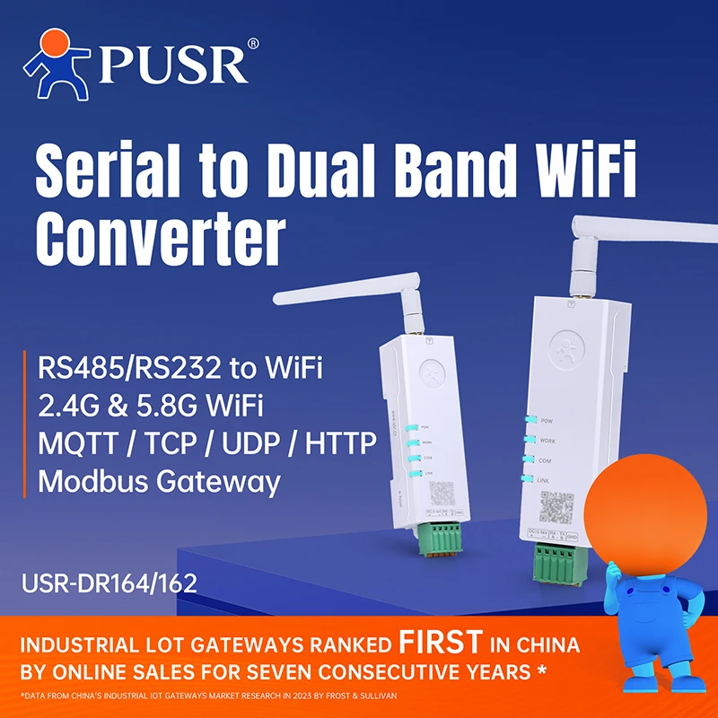 Convertisseur WiFi série vers double bande PUSR convertisseur RS485/RS232 vers WiFi passerelle Modbus avec MQTT IEEE802.11 a/b/g/n USR-DR164/162