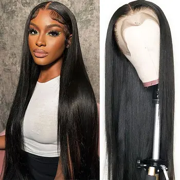 26-inch straight lace front wig, 250 density human hair, 13x4 HD lace frontal, pre-plucked glueless natural black 1