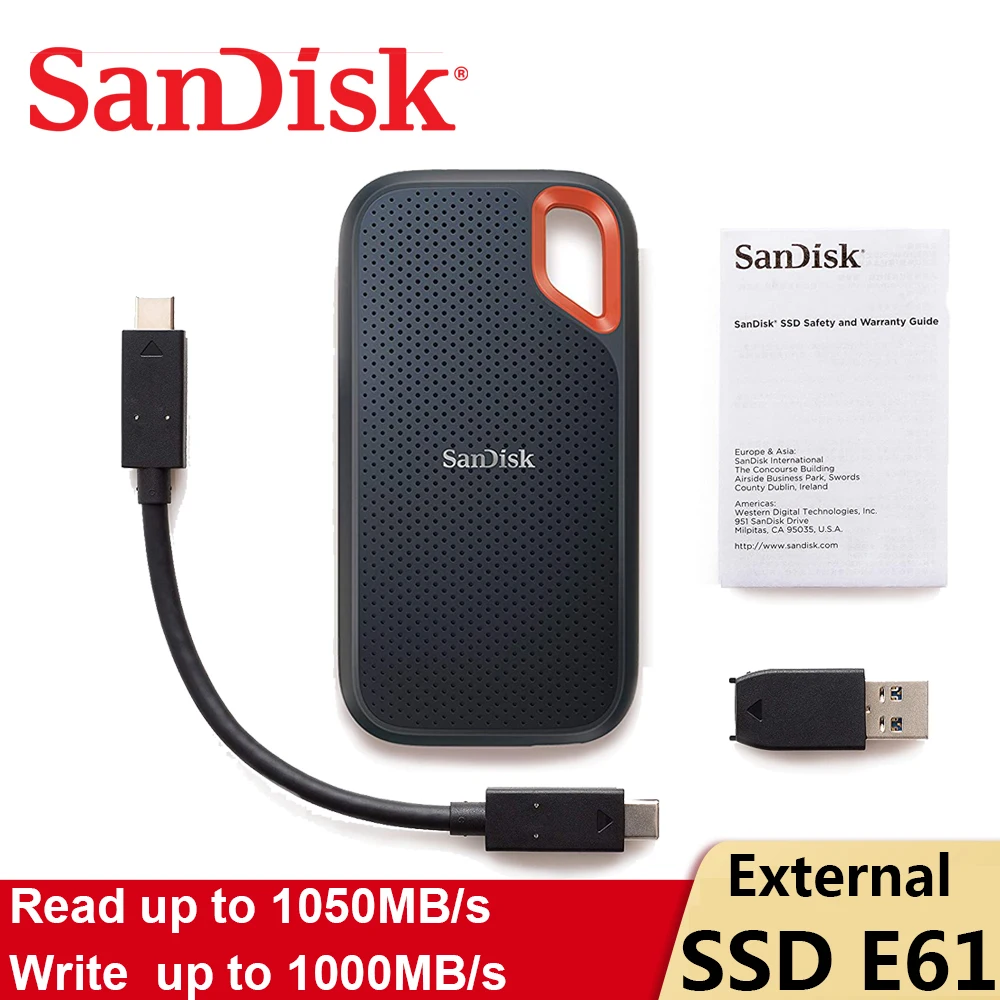 SanDisk E61 Extreme Portable SSD 500GB SDSSDE61 External Hard Drive 1TB USB 3.1 Gen 2 Type-C 1050M/s for Laptop Solid State Disk