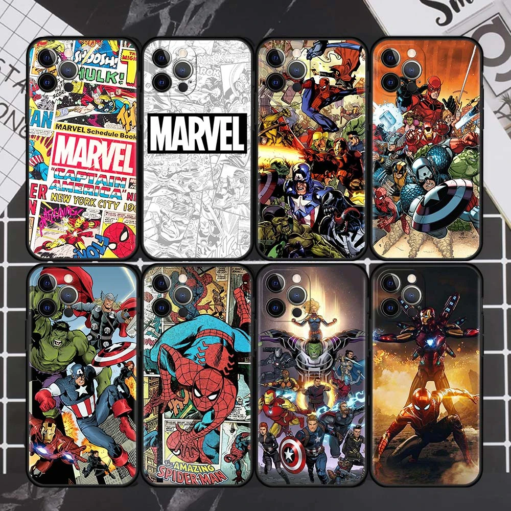 Spiderman Iron Man Marvel Case For Apple iPhone 13 11 12 Pro 7 XR X XS X Max 8 6 6S Plus 5 5S SE 2022 Black Silicone Phone Coque