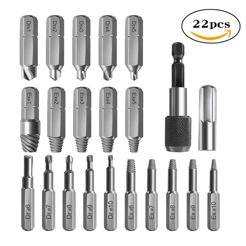 22pcs Set Damaged Screw Extractor Remover Drill Bit Set Disassemble Screws Bolt Stud Slip Teeth Stripped Broken Remover Tools disassemble screws bolt stud slip teeth damaged demolish stripped tools 22pcs 33pcs extractor screwdriver remover set