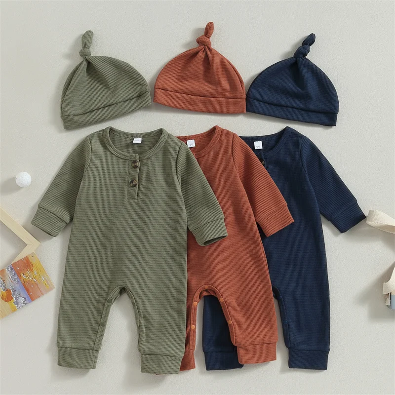 

Autumn Spring Clothes Newborn Solid Casual Basics Waffle Rompers Baby Boys Long Sleeve Buttons Jumpsuit with Hat Set
