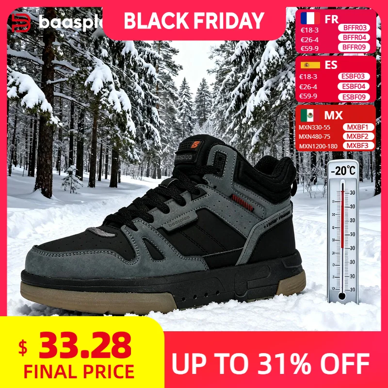 New Baasploa Men's Winter Cotton Shoes Thickened Men's Shoes Outdoor Non-Slip Waterproof Men's Casual Sports Walking Shoes