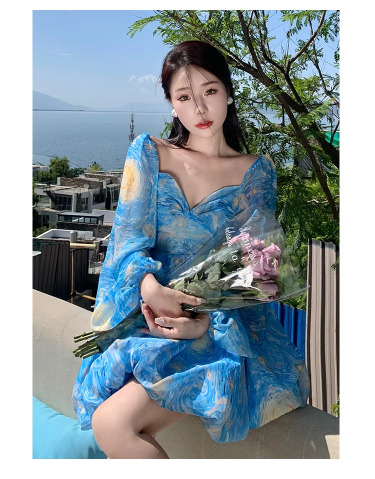 Elegant Printed Short Dresses for Women Backless Holiday Beach Style Lantern Sleeves A-line Floral Mini One Piece Vestido Mujer