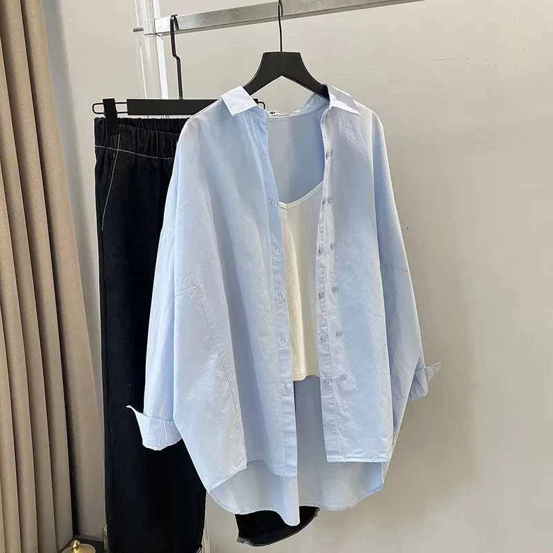 

Korean Women Pure Cotton Lazy Wind Double Breasted Buckle Long Sleeved Cardigan Blouse Female Loose Fitting Long Sleeved Shirt