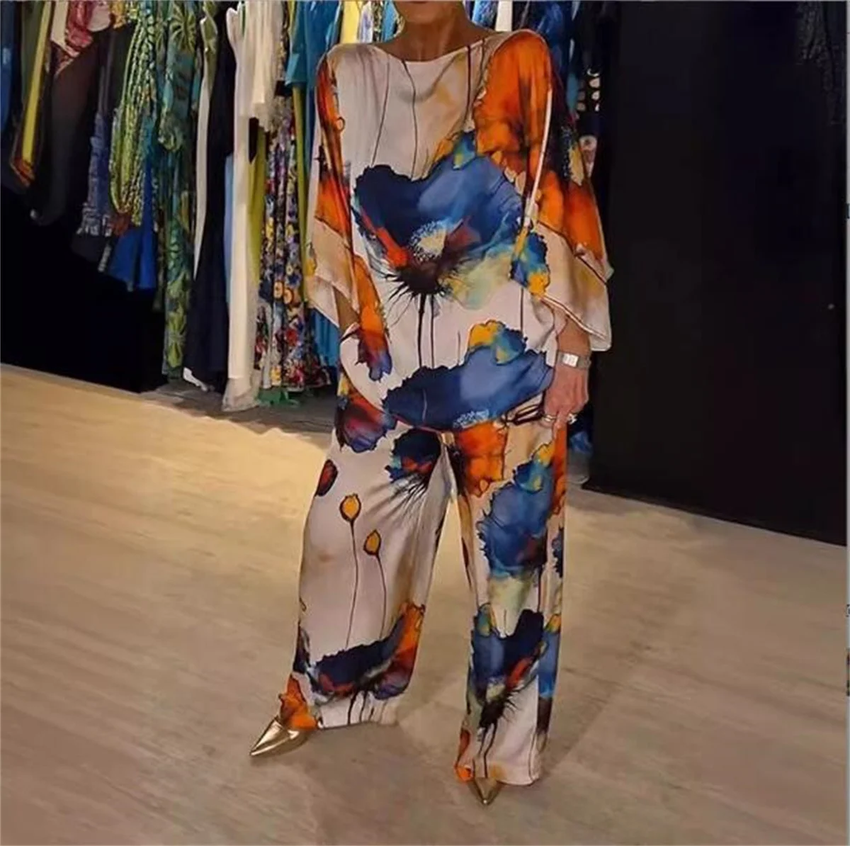 Women's Print 2 Piece Set 2024 New Elegant Loose Suit O-Neck Batsleeve Top Drawstring Pants Casual Fashion Satin Spring Summer