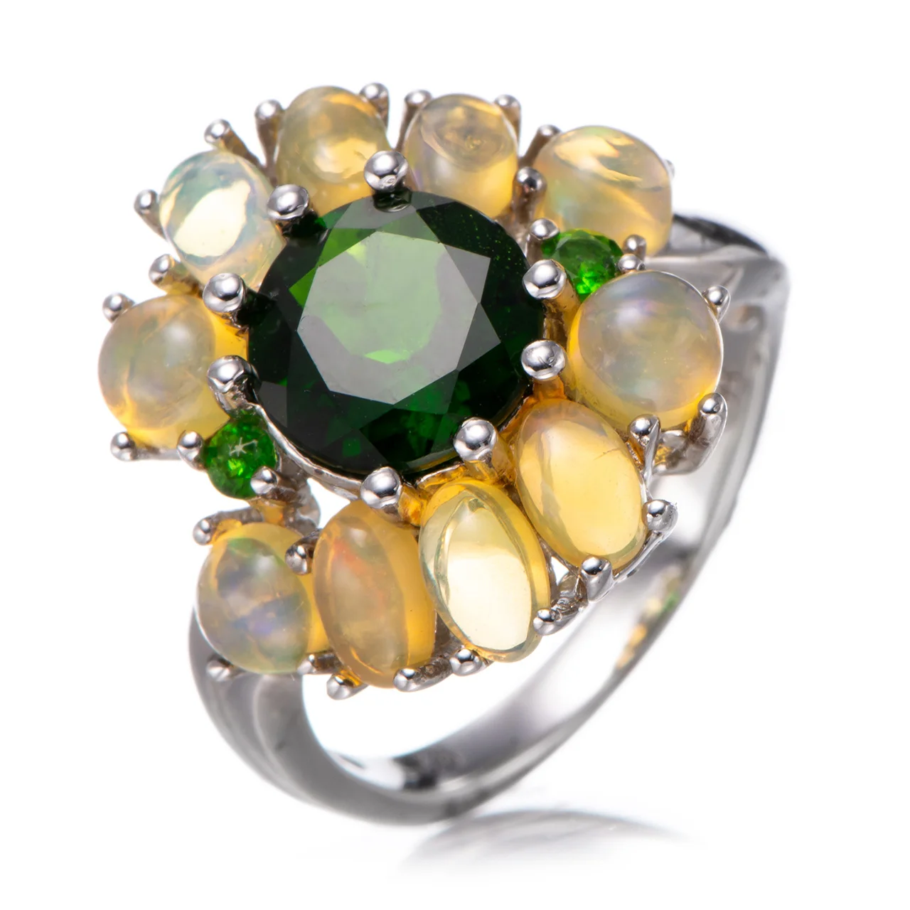 

8mm Chrome diopside and Opal Rhodium Over Sterling Silver Ring