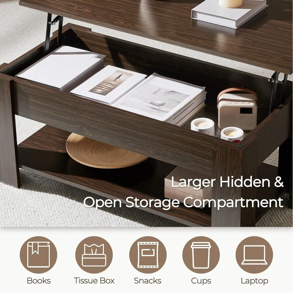 Lift Top Coffee Table with Hidden Compartment and Storage Shelf, 38.6in L, Café Tables 5