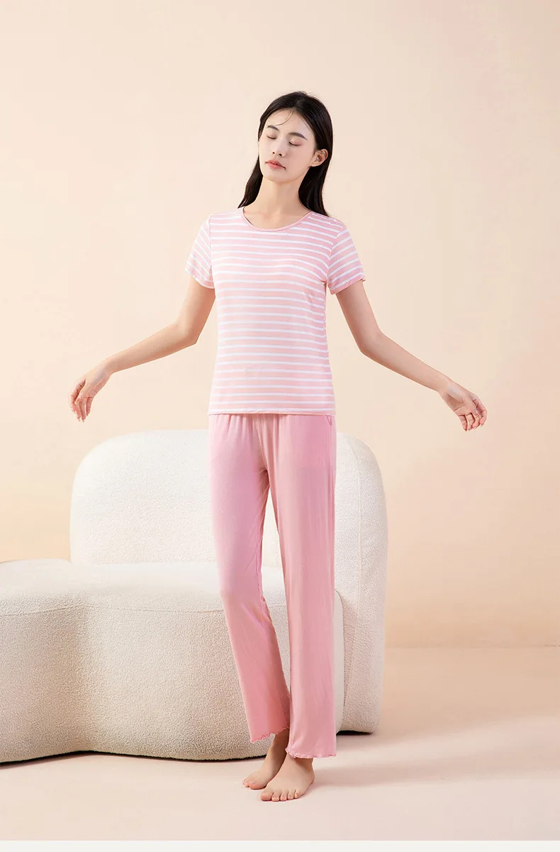 M-3XL Mode Gestreiften Drei Stücke Set Neue Modale Schlaf T-shirt + Shorts + Hose Hause Anzug Sommer Pyjamas Für Frauen nacht Kleidung – Detail 3