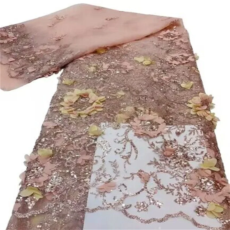 

Pink Latest High Quality African Nigerian 3D Flower Tulle Damask Lace Fabric Embroidery Party Dress Sequins Net Cloth 5yards