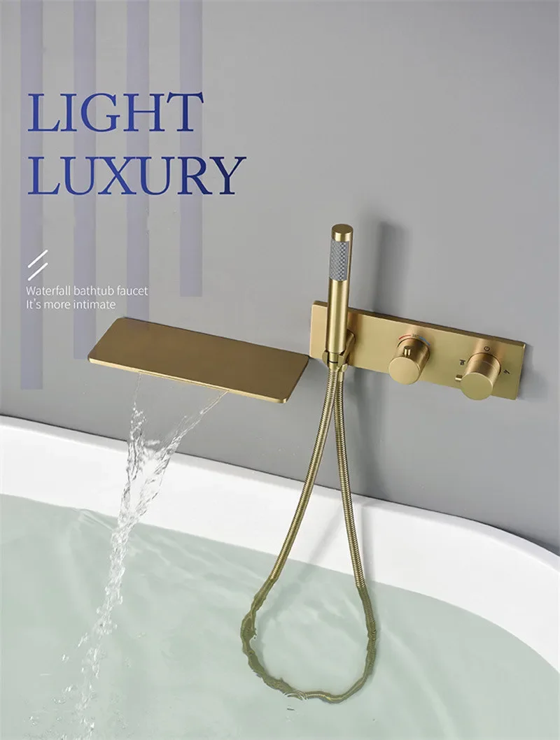 Description Picture 2 of itemBrushed Gold Bathtub Shower Faucet Set Brass Thermostatic Tap Mixer With Handheld Waterfall Black