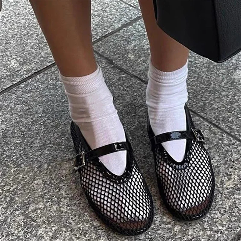 Round Toe Fish Mesh Hollowed Out Ballet Shoes for Women's Summer New Flat Bottomed Belt Buckle Single Shoes Brand Design