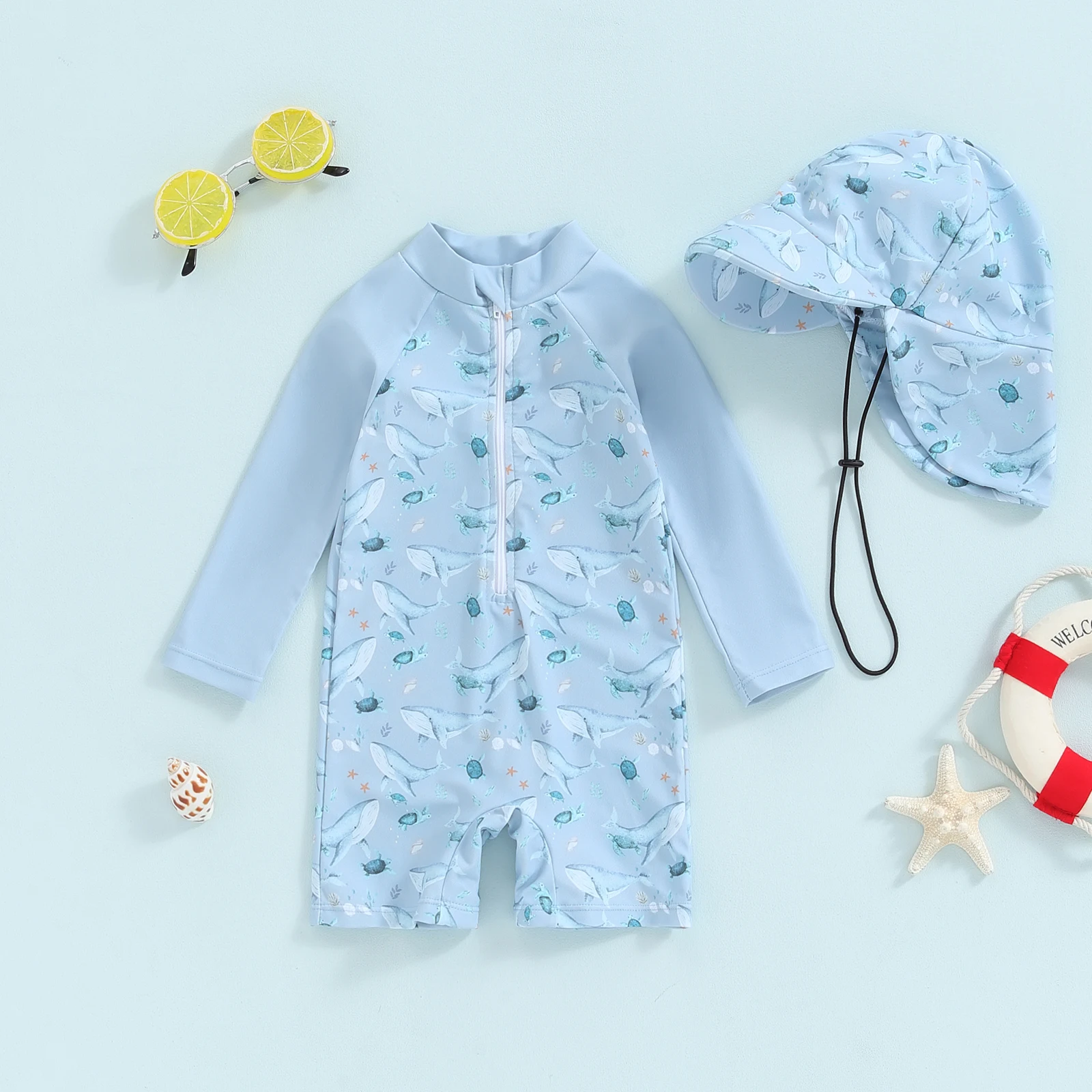 Toddler Whale Print Rash Guard Swimsuit with Sun Hat
