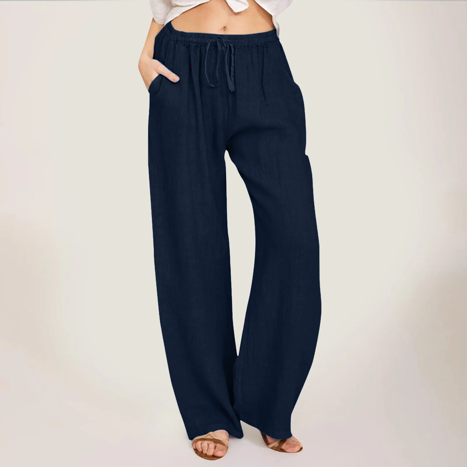 

High Waisted Women Wide Leg Elastic Pants Fashion Drawstring Trousers Comfy Straight Leg Long Pants With Pockets Baggy 2024