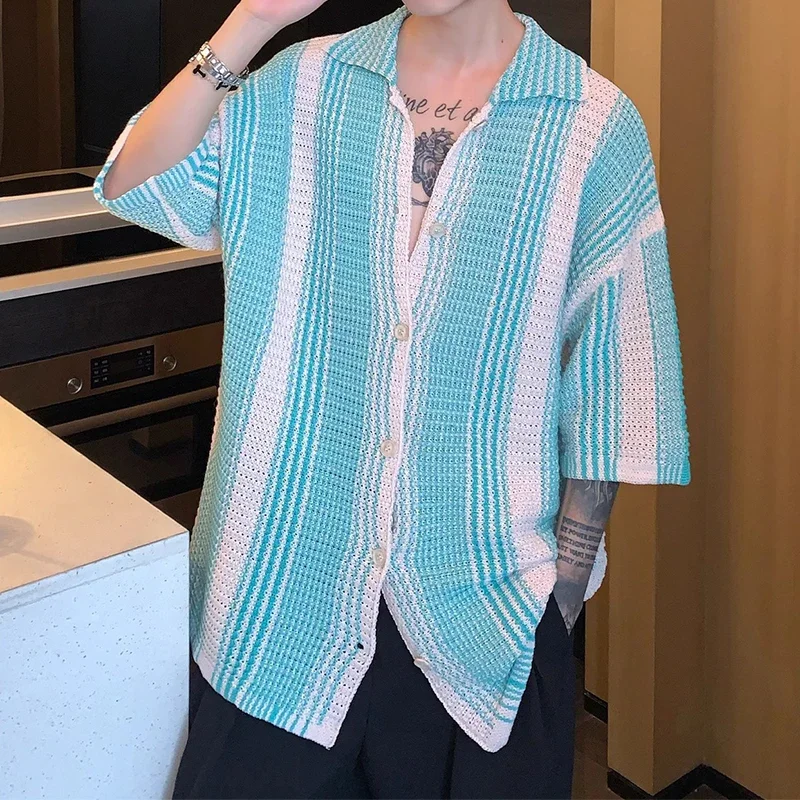 

Уличная одежда, трикотажная одежда, свободные трикотажные рубашки с коротким рукавом и воротником на пуговицах, Мужская винтажная полосатая трикотажная ажурная рубашка