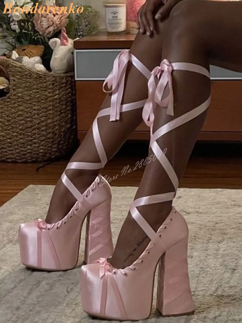 Super Platform Cross Tied Sandals Round Toe Chunky High Heels Straps Lace Up Sandals Women Sexy Shoes Shallow Big Size Banquet