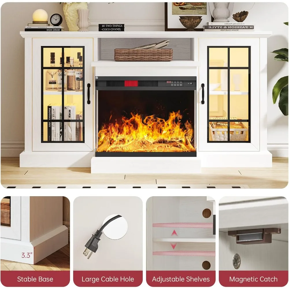 59'' Fireplace TV Stand, 3 Sided Glass Media Entertainment Center Console Table for TVs up to 65'' with Glass Door 4