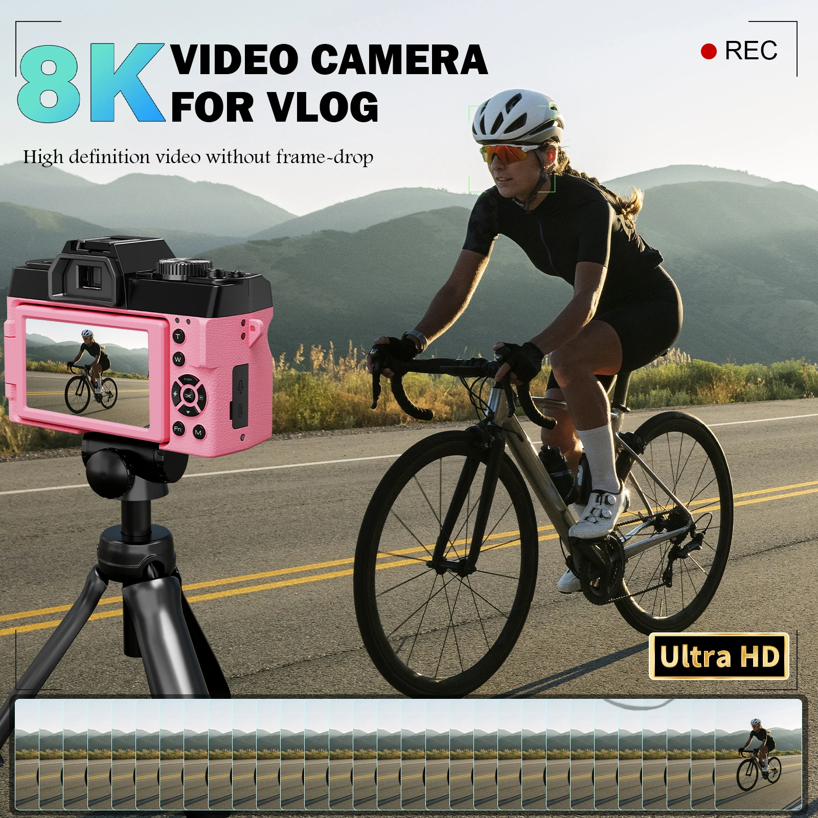 NBD 64MP&8K 비디오/브이로그 촬영 디지털 카메라 핑크 바디, 앱 컨트롤, 자동 초점, 여행용 카메라, 초보자, 소녀들을 위한 선물
