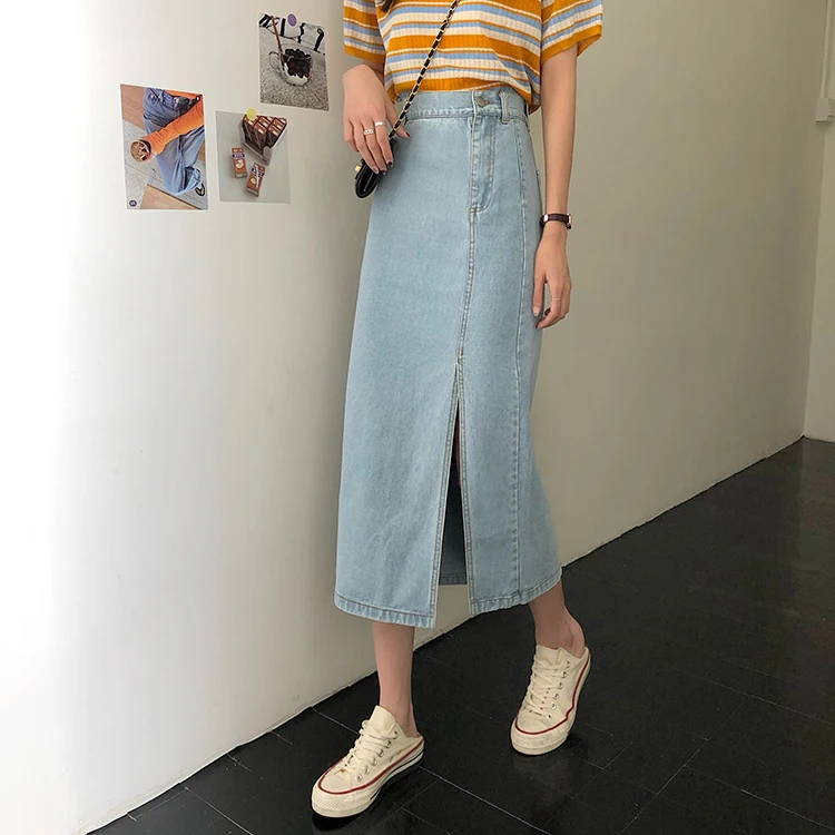 black skirt Ailegogo New Summer Female A Line Mid-Calf Denim Skirts Women Slim High Waist Split Length Skirts  Sizes Causal Jeans Skirts pleated midi skirt