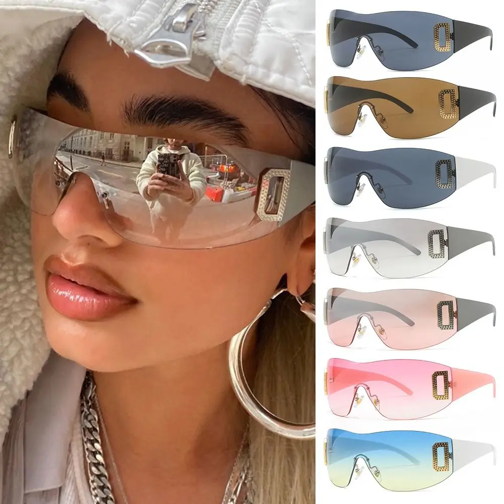 Oversized Wrap Around Y2K Sunglasses for Women Trendy Rimless