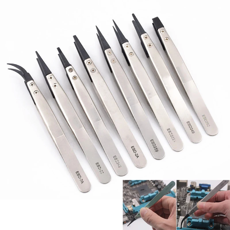 ESD Tweezers Replaceable Tweezers Tips Stainless Steel Body Carbon Fiber Conductive Plastic esd anti static tweezers